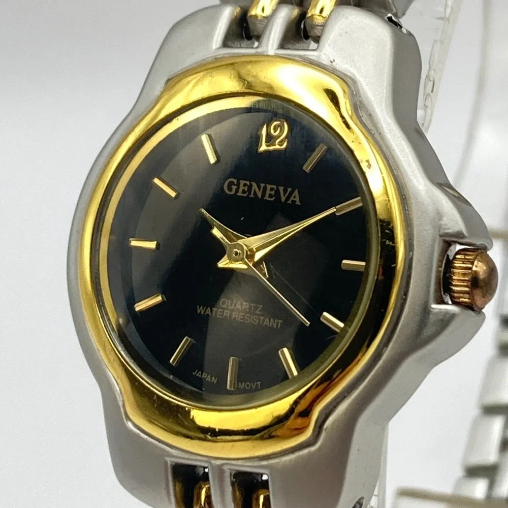 Geneva Women's Watch 24mm Gold Silver Two Tone Black Dial New Battery 7.75